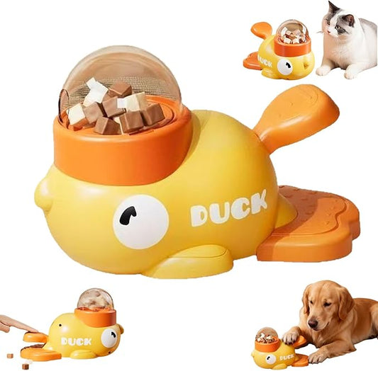 Ducky Cat Treat Dispenser,Interactive Dog Puzzle Toys Treat Dispenser Dog Toys, Duck Shape Slow Feeder for Boredom Buster W/ 3 Lids for Kibble & Treats,Yellow 10.58oz/300g