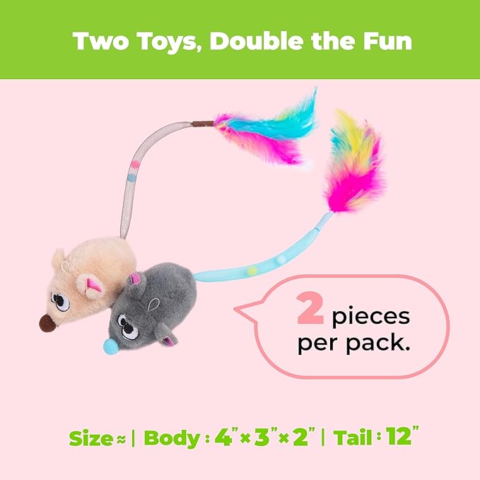 Catify Best Pet Supplies Interactive Squeak Mice – Tap-Activated Realistic Mouse Cat Toy, Catnip-Infused, Elastic Mesh & Feathered Tail with Realistic Squeaks for Indoor Cats & Kittens - Beige & Gray