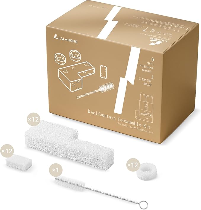 LALAHOME Filter Replacement Kit Compatible with RealFountain 6-Pack (6-Month Supply), Sponge Filter Set for Smart Cat Water Fountain Pet Water Dispenser Bowel Filter Foam with Cleaning Brush