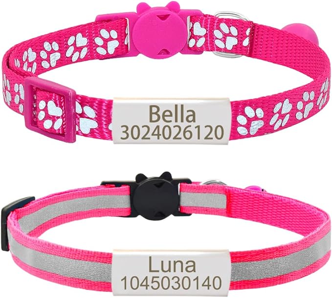 Personalized 2 Pack Reflective Cat Collar,Custom Breakaway Cat Collars with Name Tag and Bell,Anti-Lost Nameplate Cat Collar for Girls & Boys (Hot Pink,fit 8''-11.0'')