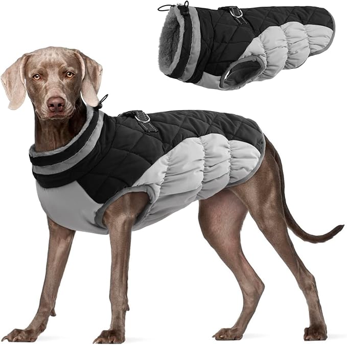 FUAMEY Dog Coat for Large Dogs,Waterproof Dog Winter Jacket with Harness Built in Puppy Cold Weather Coats Reflective Pet Vest with Zipper Warm Fleece Dogs Snowsuit Windproof Black XXXL