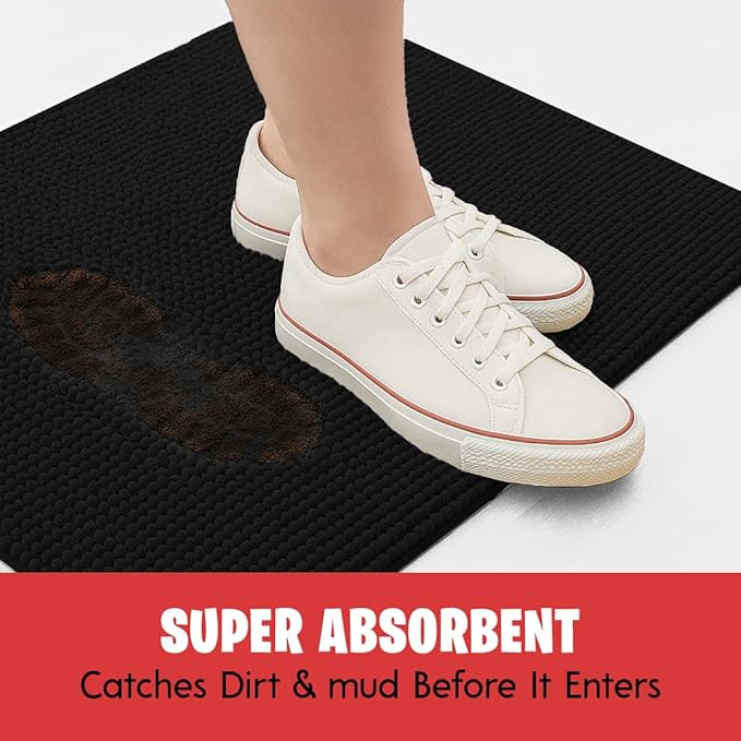 MudGuard Mat™ Dog Door Mat for Muddy Paws, Super Absorbent Microfiber, Non-Slip Indoor Mat, Quick Dry Chenille Mud Mat for Dogs & Entryway, Washable, Black 16" x 24"