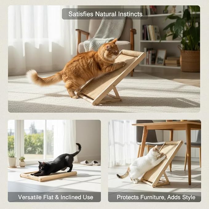 Cat Scratching Pad with 100% Sisal, Stable Triangle Design, 2-Step No-Tool Assembly, 22" Wooden Ramp to Protect Furniture & Sofa, Natural Incline Board for Indoor Cats (Brown)