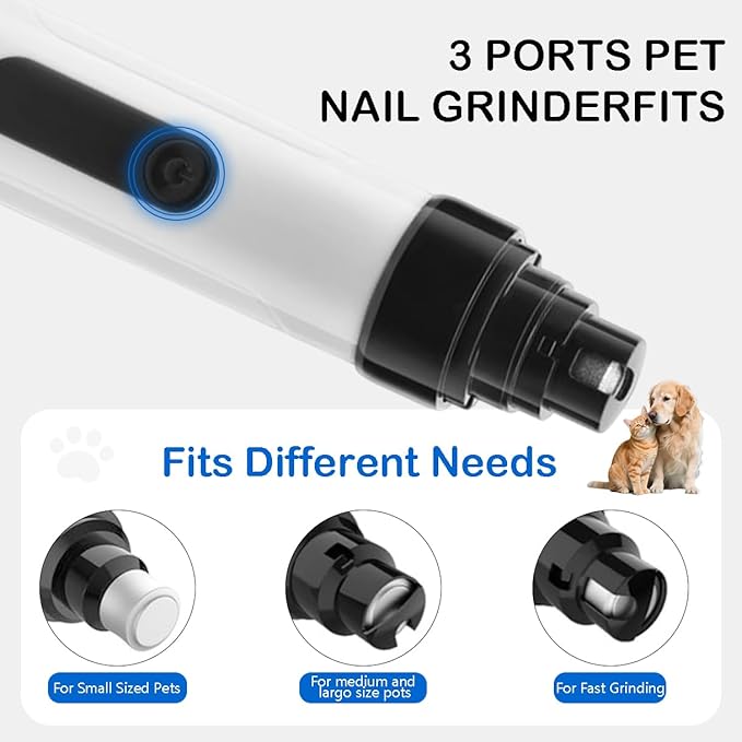 Silent Dog Nail Grinder, 2025 Upgraded Pet Nail Trimmer with 2-Speed Settings & 3 Grinding Ports, USB Rechargeable Dog Nail Clippers for Small, Medium & Large Pets