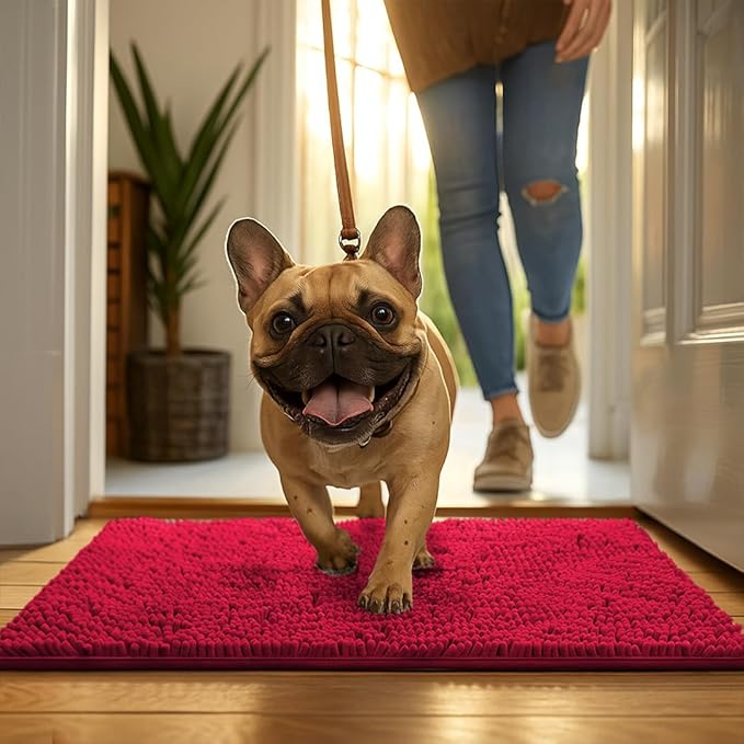 MudGuard Mat™ Dog Door Mat for Muddy Paws, Super Absorbent Microfiber, Non-Slip Indoor Mat, Quick Dry Chenille Mud Mat for Dogs & Entryway, Washable, Red 19" x 30"