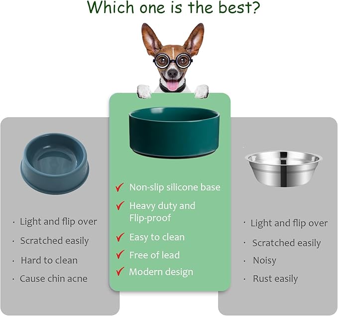 Kitwinney Large Dog Bowls, Non Slip Heavy Ceramic Dog Food and Water Bowl with Silicone Base, 8" Pet Feeding Bowl for Small, Medium, and Big Dogs (Green, 8 Inches)