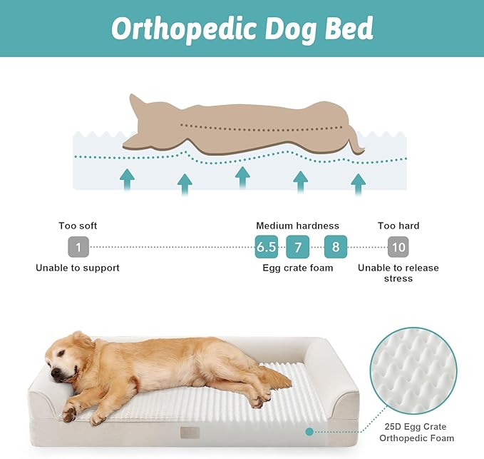 Orthopedic Dog Beds for Large Sized Dog, XL Bolster Pet Couch with Waterproof Lining, Egg Crate Foam Sofa for Pets Up to 100 lbs, U-Shaped, 44x32x7 inch, Beige