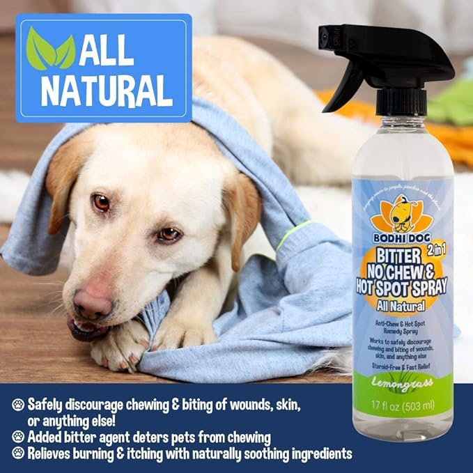 Bodhi Dog Bitter 2-in-1 No Chew & Hot Spot Spray - Natural Anti-Chew Remedy Better Than Bitter Apple - Soothes Hot Spots, Deters Chewing - Safe for Skin, Wounds & Furniture- Made in USA (17 Fl Oz)