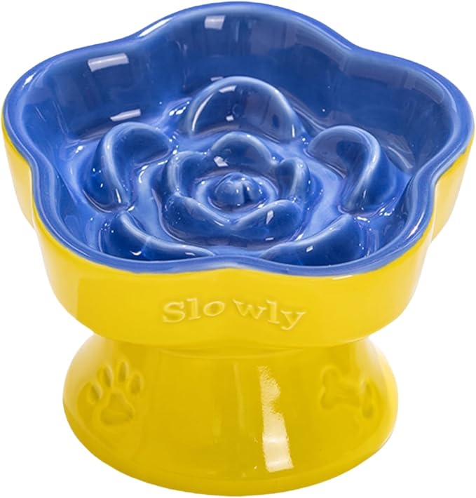 Ceramic Raised Slow Feeder Cat Bowl, Elevated Tilted Anti-Vomiting Pet Bowl for Cats & Small Dogs - Cute Flower Design, Non-Slip Base, Shallow Wide Dish for Dry/Wet Food (Blue, 5.8 Inch)