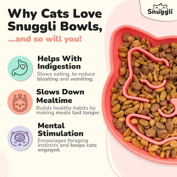 Snuggli Slow Feeder Cat Bowl | Cat Puzzle Feeder for Slow Eating, Mental Enrichment, Digestion, & Bloat Relief | Non-Slip Silicone, Dishwasher Safe, 1 Cup (Coral)