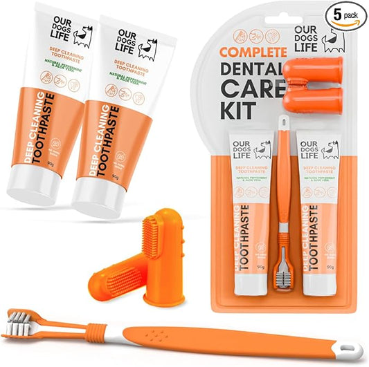 Dog Toothbrush with Toothpaste | Approved Dog Dental Kit | One Triple Headed Deep Cleaning Toothbrush for Dogs-Two 100% Natural Toothpaste(90g Each)-Two Finger Brushes | Freshen Breathe Remove Plaque