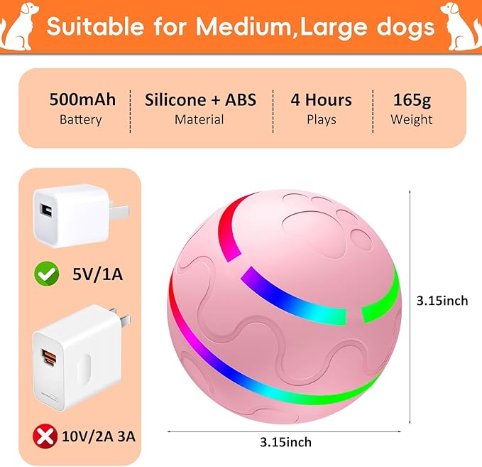 SUJF Interactive Dog Ball, Smart Interactive Dog Toys, Automatic Moving Vibrating Bouncing Pet Ball for Medium and Large Dogs, TPU Material, Rechargeable and Waterproof