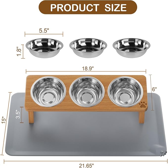 Solid Wood Elevated Cat Bowls with Silicone Food Mat, 15° Tilted Raised Cat Food and Water Dishes, Anti-Vomiting Design, 3 Stainless Steel Bowls for Cats & Small Dogs (Teak)