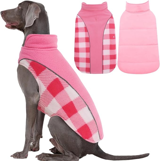 Kuoser Dog Winter Coat, Reversible Waterproof Dog Jacket with Leash Hole, Warm Dogs Fleece Vest Adjustable Doggy Cold Weather Clothes Plaid Christmas Outfit Pet Apparel for Extra Large Dogs, Pink 3XL