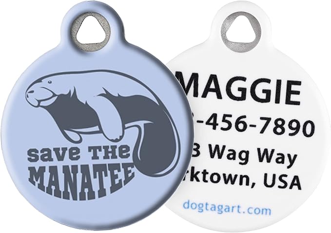 Dog Tag Art Sea Creatures Custom Pet ID Tag for Dogs and Cats, Personalized Dog Tag with Customized Identification, Manatee Conservation, Large (1.25" Diameter)