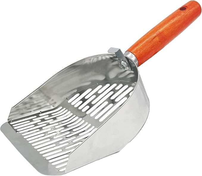 Cat Litter Scoop Metal 304 Stainless Steel, One-Piece Pressed Design with No Weld Spots, Durable Anti-Break Handle, Dual Slot Sizes, with Holder Stand, Easy to Clean, Filters Small Litter Clumps