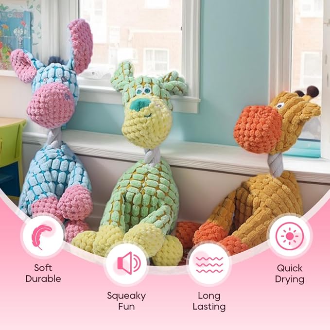 Interactive Dog Toys, Squeaky Chew Toys for Dogs, Durable Soft Plush Toys with Squeaker for Aggressive Chewers, Easy Clean Quick Dry Fun Toys for Small Medium Large Breed Dogs (Green+Blue)