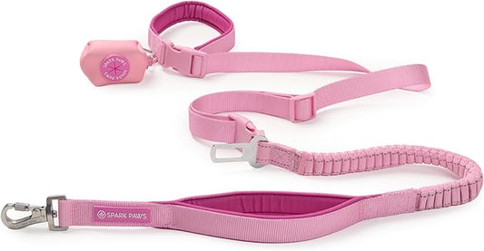 Spark Paws Handsfree Dog Leash – Shock Absorbing Waist Bungee Lead for Running, Car Seatbelt Clip & Poop Bag Set, Heavy Duty Tactical Lead for Medium, Large & X-Large Breeds - Pink