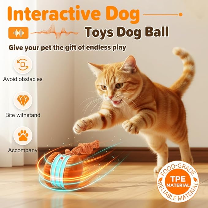 ANYSENT Interactive Dog Toy,2026 New Automatic Rolling Ball with Rope for Cat, Durable Dogs Rope Toy for Chewing and Playing, Dogs Ball Toy for Puppy Cats (Orange/2pcs)