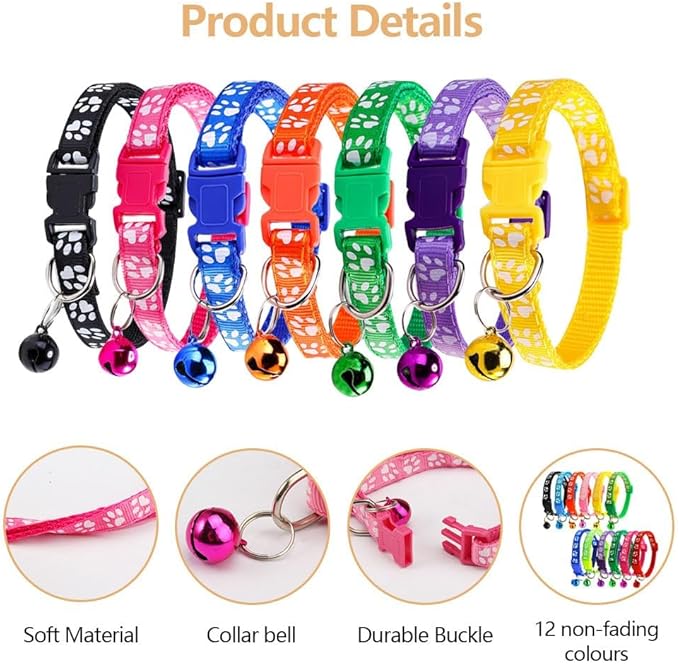 Paw Print Breakaway Cat Collars with Bells - 12 PCS Safety Adjustable Kitten Collars for Small Cats & Newborn Litter Pets, Super Soft Nylon Collar Set with Pendants & Safety Clasp (12 Colors)