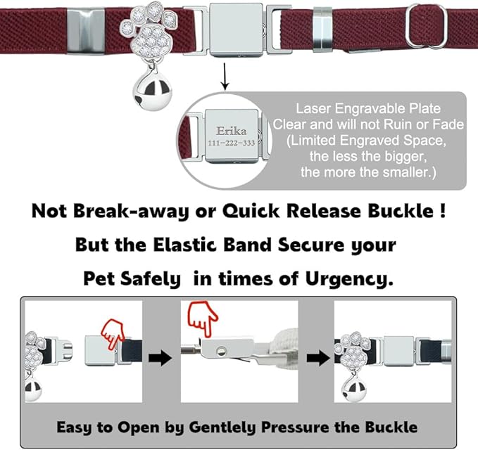Personalized Safety Elastic Cat Collars with Bell,Laser Customized Stretch Kitten Collars for Girls Boys Cats-Wine Red