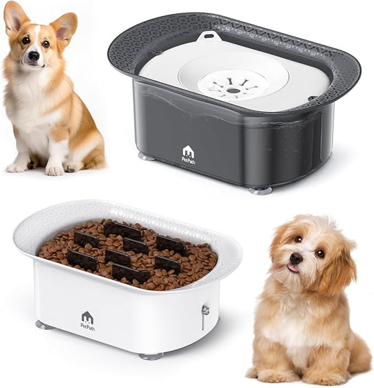 Dog Water Bowl,No Spill Water Bowl for Dogs Reduce Refill & 2-6 Cups Slow Feeder Dog Bowls 2Pieces,Anti Splash No Mess Dispenserl,Anti-Choking Puzzle Food Bowls(with Suction Cup Foot Pad)