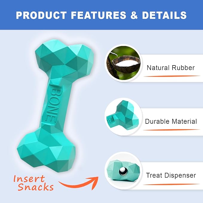 Durable Dog Chew Toy Rubber Bone 100% Natural Bite-Resistant Interactive Pet Toys for Dogs, Diamond Texture Modern Geometric Design (Lake Green, Small)