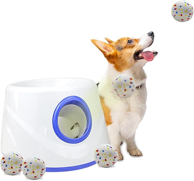 RERBIO Dog Ball Thrower Launcher, Automatic Ball Launcher for Dogs, 3 Adjustable Distance Settings, Indoor Outdoor Interactive Toy, with 3 2.3-inch Balls, Small/Medium Sized Dog Thrower