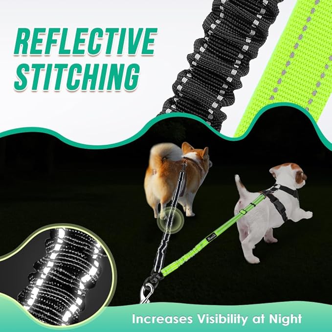 Two Dog Lead, 2 in 1 Upgraded Double Dog Leash Attachment Combine Adjustable Strap and Shock Absorbing Bungee No Tangle Dual Training Splitter for Different Size Dogs