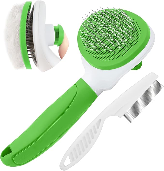 Cat Brushes for Indoor Cats, Dog Brush for Shedding with Metal Cat Comb, Self Cleaning Pet Hair Brush with Release Button for Grooming Kitten(Green)