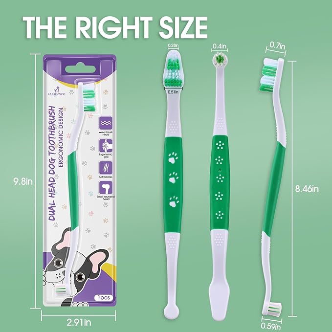 Dog Toothbrush – Newly Upgraded Dual-Head Design with 60° Wavy Bristles – Gently Surrounds Teeth for Deep Cleaning and Plaque Removal – Non-Slip Handle, Ideal for Daily Pet Dental Care (Green, 2-Pack)