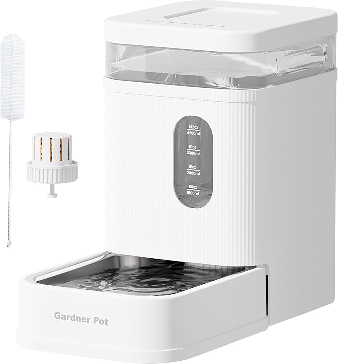 Gardner Pet 1.7 Gallon Automatic Dog Water Bowl Dispenser 6.5L Gravity Water Feeder with Stainless Steel Bowl & Maifan Stone Filter, BPA-Free for for Cats and Dogs (White, 1.7 Gallon)