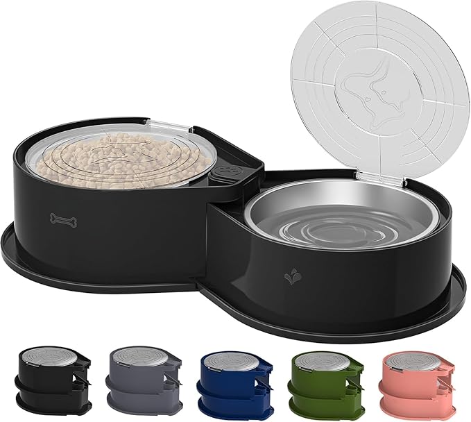 Newget Stainless Steel Dog Bowl Set with Lids, 304 Metal Dual Food & Water Bowls for Dogs & Cats, Foldable Pet Feeder with Cover Keeps Food Fresh, Anti-Skid Dog Dish for Small/Medium/Large Pets