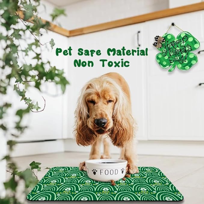 St Patrick's Day Dog Food Mats for Floors Waterproof, Cat Water Bowl Mats Pet Feeding Absorbent Placemats 12 * 20 inch
