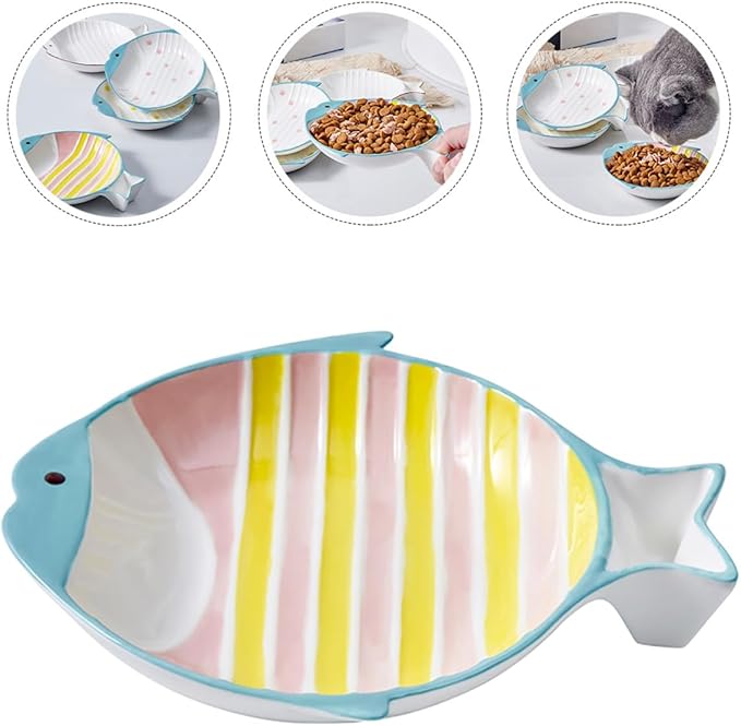 SHINEOFI Fish Shape Ceramic Cat Water Bowl, Multi-Function Household Kitten Bowl for Indoor Cats, Pink and Yellow Striped Pet Feeding and Water Dish