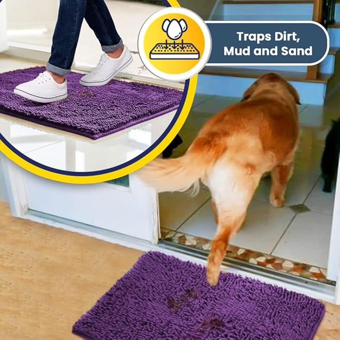Muddy Mat® | Super Absorbent Door Mat Indoor, Microfiber Quick Dry Chenille Entryway Rug, Non-Slip Front Door Mat, Indoor Mats for Entryway, Machine Washable Pet Rug, Purple 24"x35"