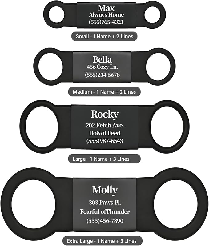 Silent Pet ID Tag - Personalized Engraved Slide-On Dog & Cat Name Tags, Quiet No-Jingle Stainless Steel Collar Tag with Laser Engraving (Metal Black+Black, M(for 0.59" Wide Collar))