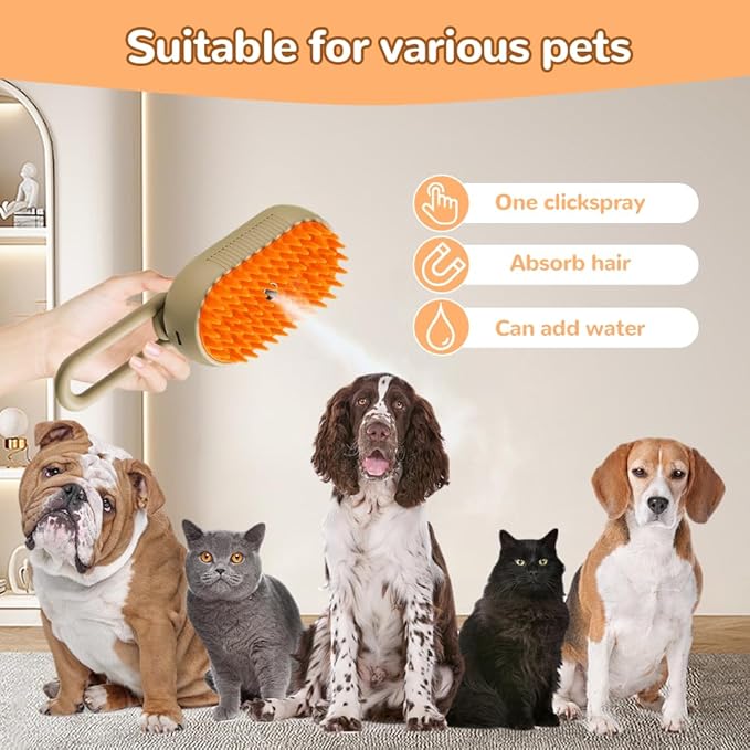 2025 New Pet Steam Groomer Brush, 3 in 1 Cat Steam Brush for Massaging and Cleaning Shedding Hair, Upgrade Pet Steam Groomer Comb Multifunctional Hair Removal Comb for Cats Dogs (Khaki)