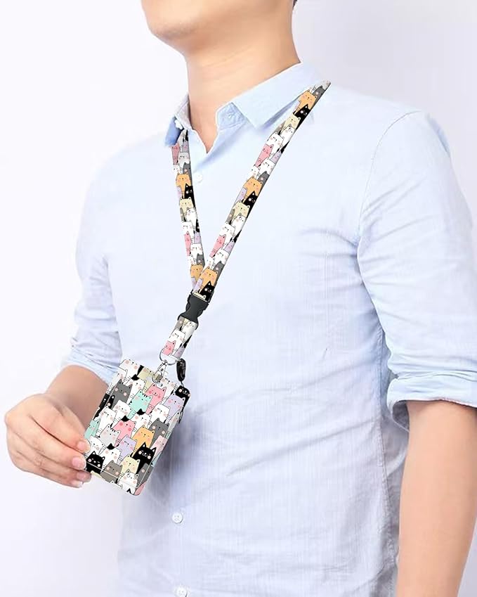 ID Badge Holder with Retractable and Detachable Lanyard, Cute Badge Reel Breakaway Lanyard with Carabiner Clip for Teachers, Nurses, Perfect Work and Office(Colorful Cats)