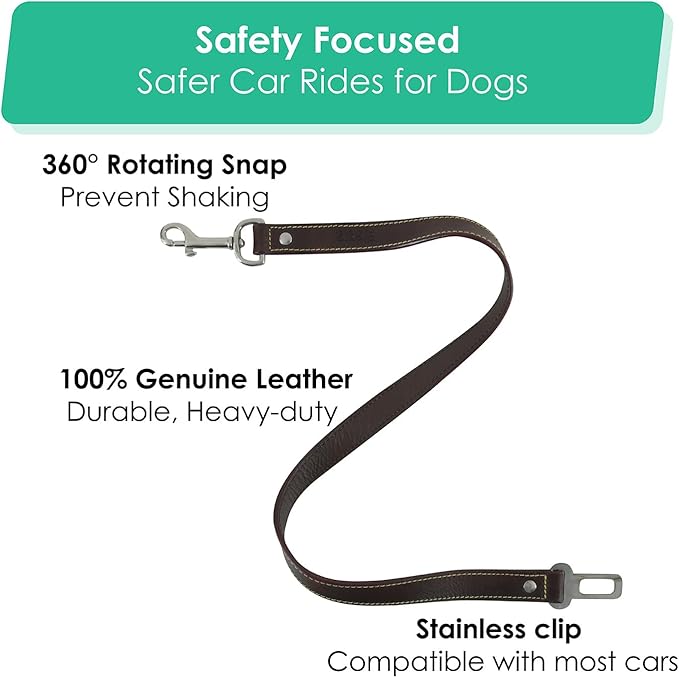 DowgClub Genuine Leather Dog seat Belt for car, Safe Distraction Free Driving, Heavy-Duty Design with Military Grade Hardware, Harness for Small, Medium and Large Pets (Brown, 30")