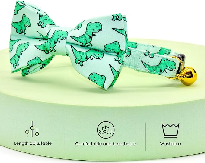 Cat Bow Collar, Green Dinosaur Pattern, Quick Release Safety Buckle, (6" - 10")