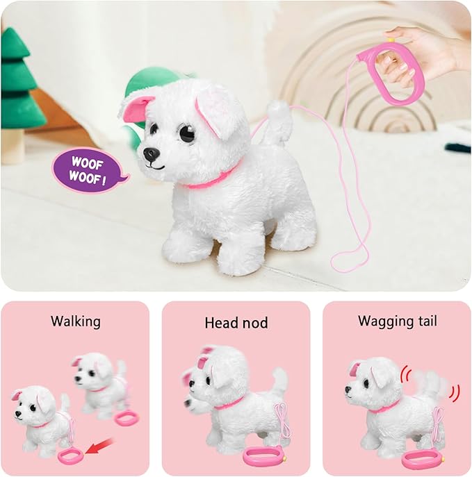 YH YUHUNG Walking White Dog Toy with Leash, Fluffy Electronic Puppy That Walks, Barks & Wags Tail, Interactive Robot Pet Plush Animal, Gift for Girls & Boys 3-7 Years (White)