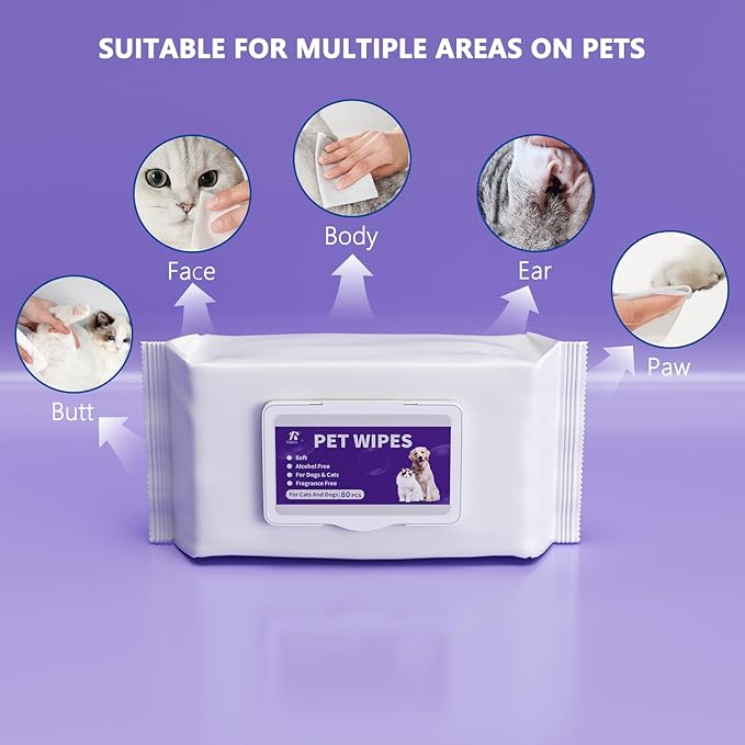 Pet Wipes, Alcohol-Free, Fragrance-Free, Hypoallergenic, for Cleaning and Grooming Dogs and Cats Paws, Face and HIPS (80 Wipes)