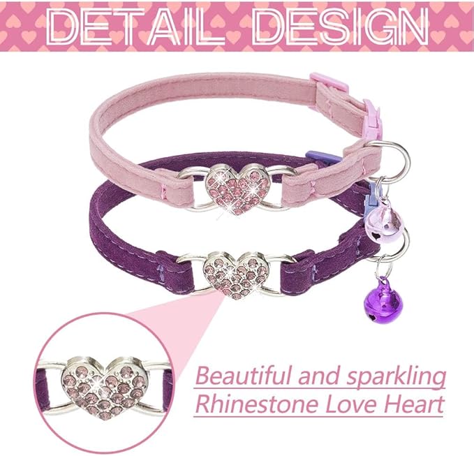 BINGPET Cat Collar Breakaway with Bell, Pack of 2 Heart Bling Collar Safety with Soft Velvet Adjustable for Kittens