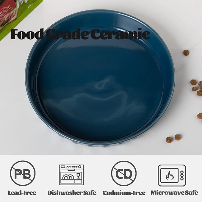 Fun Elements Shallow Dog Bowls, 8" Ceramic Dog Food Plate for Small and Medium Breeds, Non-Slip, Flat and Wide, Dishwasher Safe, Suitable for Puppies and Kittens (Blue)