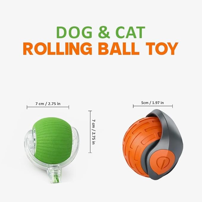 KBLZONE Interactive Cat Ball Toy – Smart Rolling Pet Ball with Obstacle Avoidance, USB Rechargeable, Cord Tail Design – Fun Enrichment Toy for Indoor Cats & Small Dogs (Orange + Green)