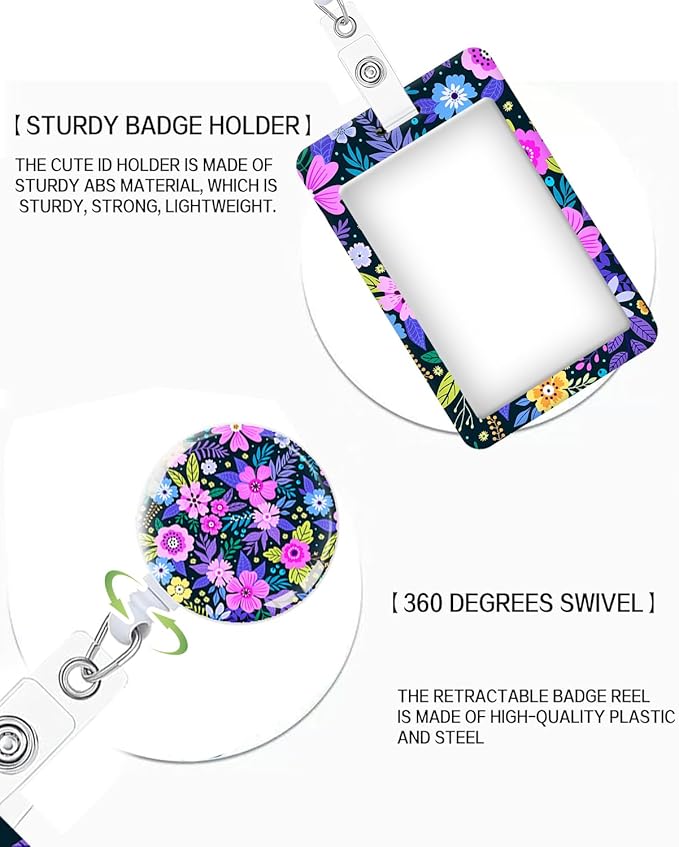 ID Badge Holder with Retractable and Detachable Lanyard, Cute Badge Reel Breakaway Lanyard with Carabiner Clip for Women, Teachers, Nurses, Students, Perfect Work and Office(Flower Purple)