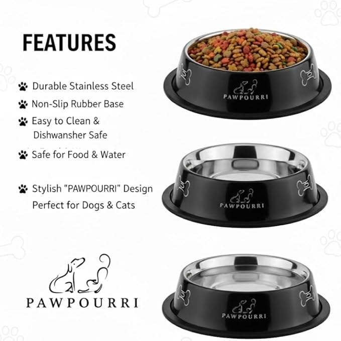 Pawpourri Printed Bowl 23.6 fl oz Anti-Skid Food and Water Dog Bowl|Stainless Steel Bowl for Dogs and Cats|Dog Water and Food Bowl|Dog Feeding Bowl (Black)