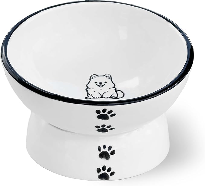 Anti-Rollover Elevated Ceramic Cat Bowls with A Sitting Puppy Pattern for Holding Food and Water, Black Border, Suitable for Small Dogs and Pets