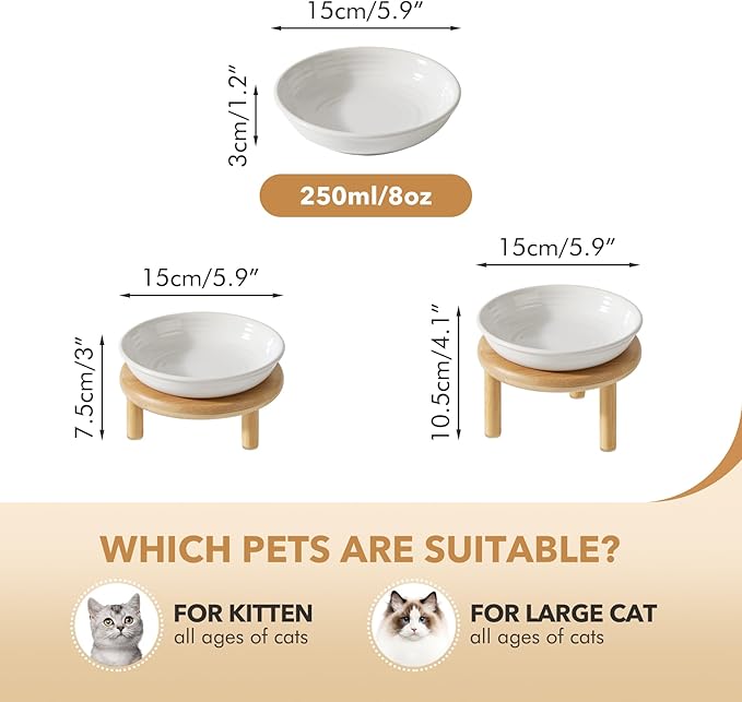 2 Sets of Elevated Ceramic Cat Dish, Wide Whisker Friendly Anti-Slip Food & Water Bowl with 2 Heights Adjustable Stands - Pet Bowl Set for Cats (2 Dishes +2 Stands, White)